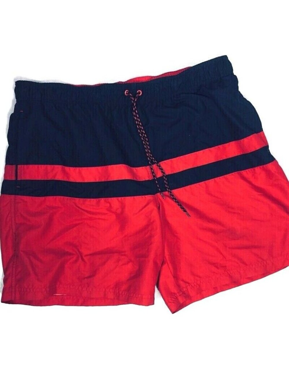 George Mens Red Striped Swim Trunks 8" Inseam Above Knee Pockets size XL